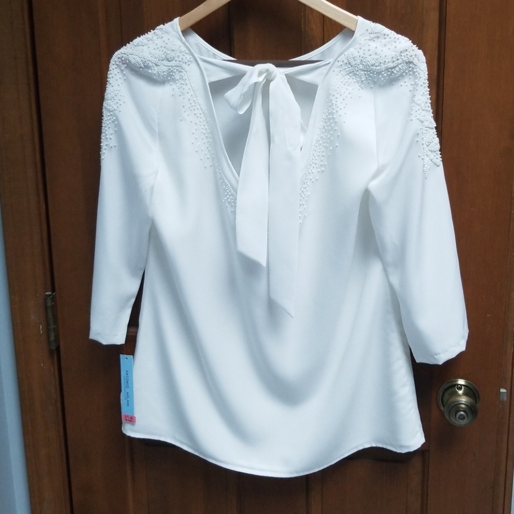 Antonio Melani White Beaded Bow Back Blouse sz S